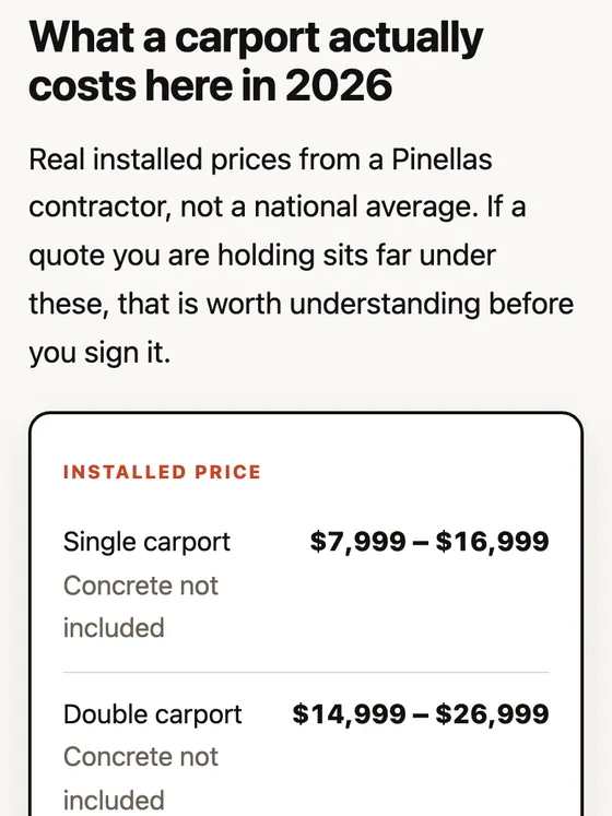 Carport price-guide landing page on a phone