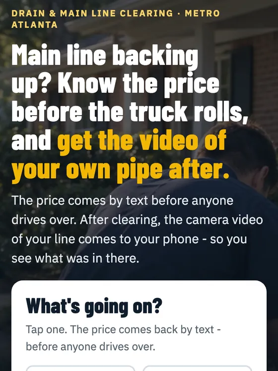 Drain clearing landing page with a tap-to-answer form