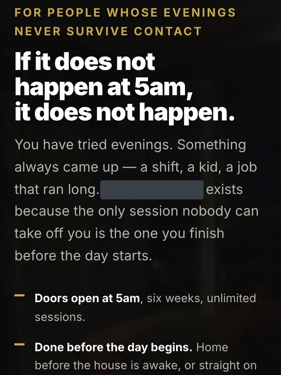 Early-morning gym landing page
