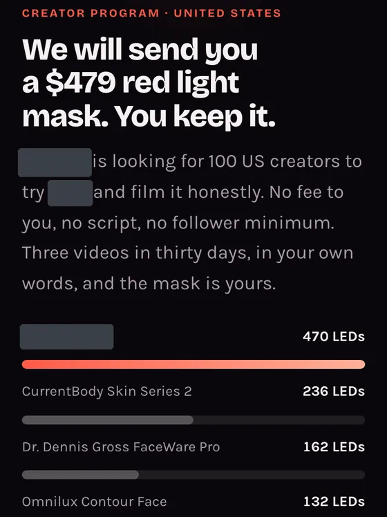 Creator program recruitment page for an LED face mask brand