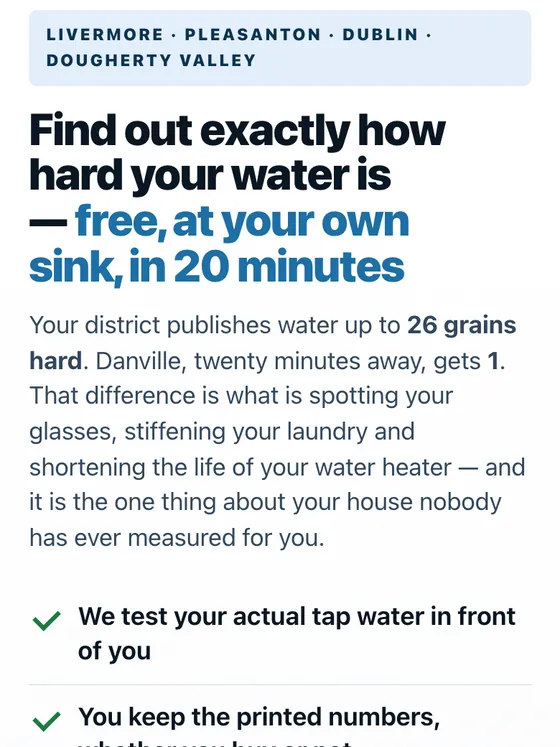 Water treatment free water test landing page